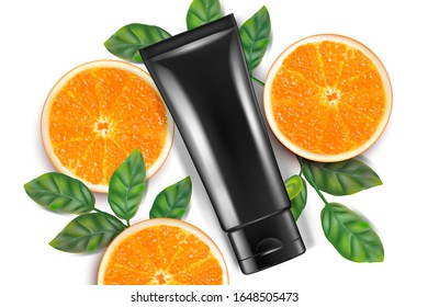 Skin care vitamin C packaging and orange slice of pieces isolated on white background. Realistic vector 3D illustration.