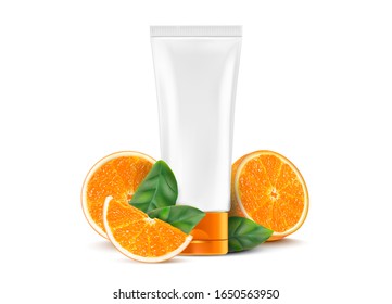 Skin care vitamin C packaging mock up with orange slice of pieces isolated on white background. Realistic vector in 3D illustration.