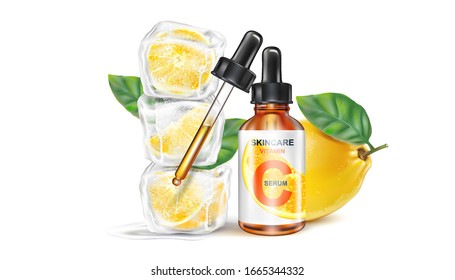 Skin care vitamin C packaging with lemon slice freeze in ice cube isolated on white background. Season sweet of tropical fruits. Realistic vector 3D illustration.