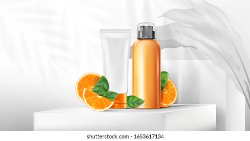 Skin care vitamin C products mock up display. Orange slice isolated on white background.  Realistic vector 3D illustration.
