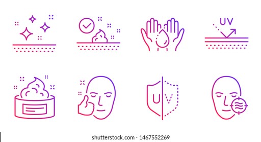 Skin Care, Wash Hands And Uv Protection Line Icons Set. Uv Protection, Skin Cream And Healthy Face Signs. Face Cream, Ultraviolet. Beauty Set. Gradient Skin Care Icon. Vector