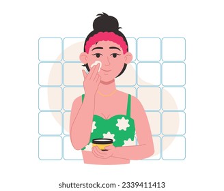 Skin care. Woman applies face cream. Vector graphic.