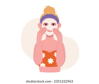 Skin care. Woman puts on a cosmetic sheet mask on her face. Vector graphic.