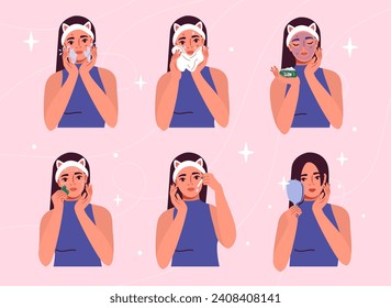 Skin care woman set. Young girl applting face mask. Creams and lotions, make up. Characters with morining routine, spa treatment. Cartoon flat vector collection isolated on pink background