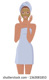 Skin care woman template in bath towel. Vector illustration of female applying cosmetic products on her face. Isolated on white.