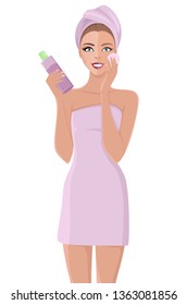 Skin care woman template in bath towel. Vector illustration of female applying cosmetic products on her face. Isolated on white.