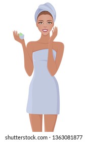 Skin care woman template in bath towel. Vector illustration of female applying cosmetic products on her face. Isolated on white.