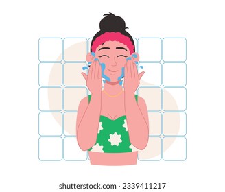  Skin care. Woman washes herself with water or rinses off the product. Vector graphic.