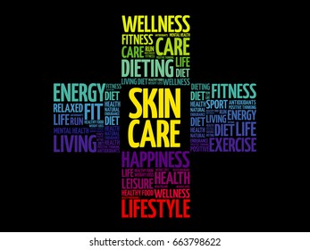 Skin care word cloud collage, health cross concept