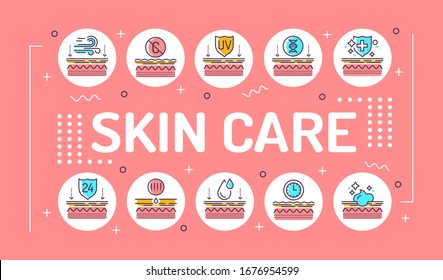 Skin care word lettering typography. Exposure to skin external factors, aging, care, genetics. Infographics with linear icons on pink background. Isolated outline color illustration.