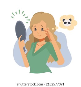 Skin care,beauty concept illustration. woman with dark circles on face. woman worried about dark circles.Flat vector cartoon character illustration.