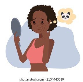 Skin care,beauty concept illustration.African american woman with dark circles on face. woman worried about dark circles.Flat vector cartoon character illustration.