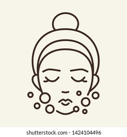 Skin Cleaning Line Icon. Woman, Female Face, Soap Bubble. Beauty Care Concept. Vector Illustration Can Be Used For Topics Like Cosmetology, Hygiene, Washing Up