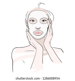 Skin cleaning. Young woman in a face mask. Skin care routine. Fashion woman sketch. Spa beauty concept. Hand drawn vector illustration. 