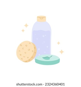 Skin cleanser, soap and sponge for face wash. Natural skincare products. Beauty daily routine. Flat hand drawn vector illustration.