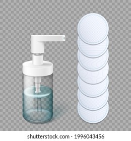 Limpieza de la piel y eliminación de maquillaje conjunto con un montón realista de toallitas de algodón cosmético y una botella de plástico sobre fondo transparente. 3.ª ilustración vectorial