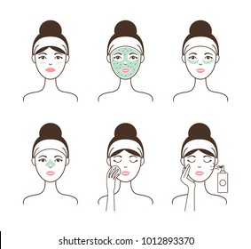 Skin cleansing with natural mask and patches shown on female model step by step isolated cartoon flat vector illustrations set on white background.