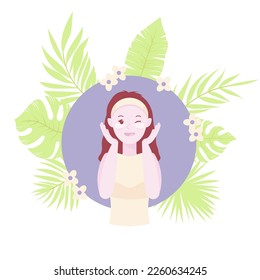 Skin cleansing vector illustration, cute girl wash her face and using SPF cream, moisture her skin. Body care and SPA. Tropic leaves and flowers on background. Beauty and cosmetics concept.