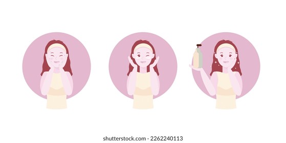 Skin cleansing vector illustration, cute girl wash her face in three steps. Using SPF cream, lotion. Making glass skin, shining effect. Body care and SPA.