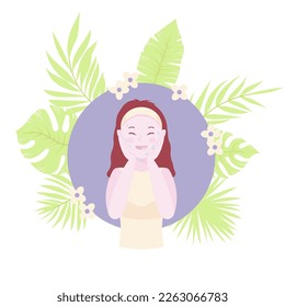 Skin cleansing vector illustration, cute girl wash her face. Body care and SPA day routine. Tropic leaves and flowers on background. Beauty and cosmetics concept.