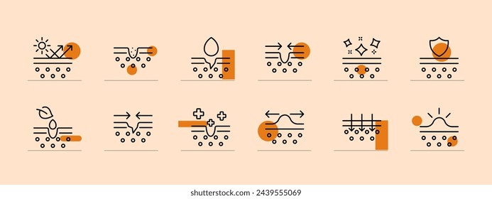Conjunto de iconos de código de piel. Cosméticos naturales, protección, restauración, además, medicina, acné, ungüento. Fondo de color pastel. Icono de línea vectorial para negocios y publicidad