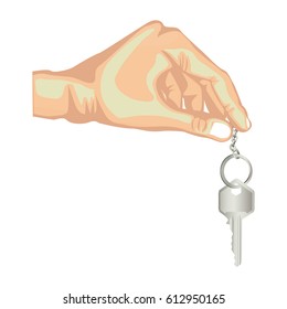 skin color hand holding metallic keyring and key vector illustration