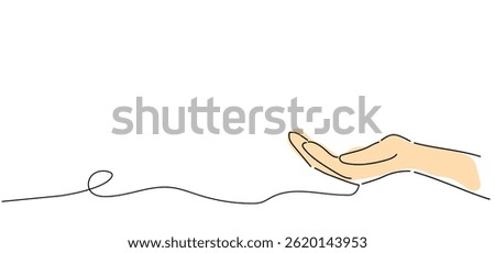 skin color one extended open save hand with blank space illustration, open palm arm symbol sign with copyspace, One continuous line drawing for Poster, banner, background with lettering, hand line art