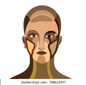skin color types color portrait, many different skin on one face, multinational face, vector