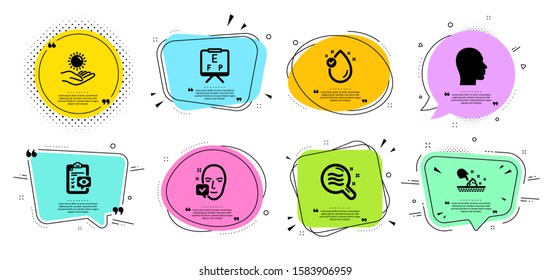Skin condition, Eye checklist and Face accepted line icons set. Chat bubbles with quotes. Sun protection, Vitamin e and Head signs. Vision board, Skin moisture symbols. Vector