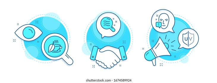 Skin condition, Face attention and Uv protection line icons set. Handshake deal, research and promotion complex icons. Mint tea sign. Search magnifier, Exclamation mark, Ultraviolet. Vector