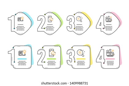 Skin condition, Incoming call and Product knowledge icons simple set. Bus travel sign. Search magnifier, Phone support, Education process. Transport. Infographic timeline. Line skin condition icon