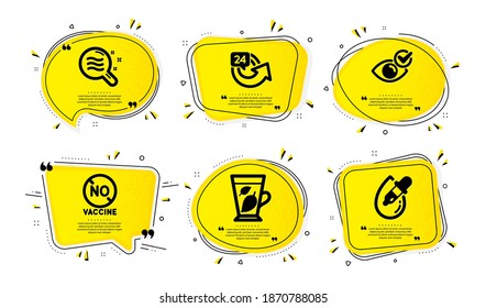 Skin condition, No vaccine and 24 hours icons simple set. Yellow speech bubbles with dotwork effect. Mint leaves, Check eye and Eye drops signs. Search magnifier, Covid-19 treatment, Repeat. Vector