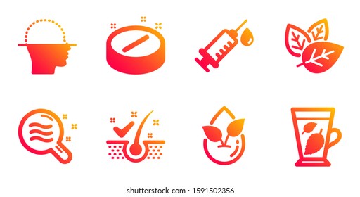 Skin condition, Organic tested and Medical syringe line icons set. Anti-dandruff flakes, Medical tablet and Face scanning signs. Organic product, Mint leaves symbols. Vector
