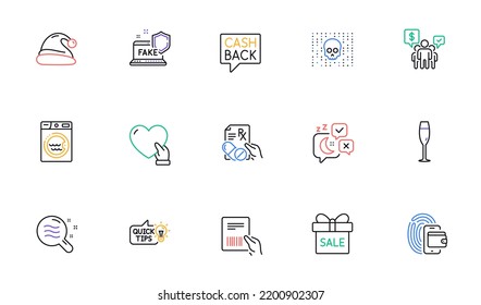 Skin condition, Sale offer and Sleep line icons for website, printing. Collection of Champagne glass, Money transfer, Santa hat icons. Teamwork, Fake internet, Education idea web elements. Vector