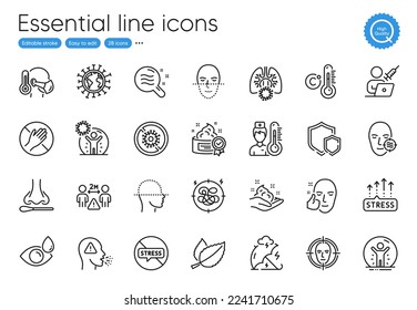 Skin condition, Stress protection and Skin care line icons. Collection of Face detect, Coronavirus lungs, Sick man icons. Vaccination appointment, Stress, Stop coronavirus web elements. Vector