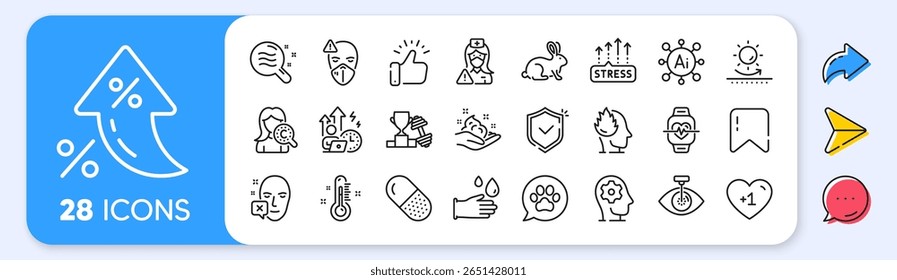 Skin condition, Sun protection and Medical mask line icons. Interest rate, AI generate, Inflation icons. Pack of Rubber gloves, Face declined, Animal tested icon. Vector