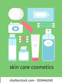 Skin cosmetics set, cream and cotton bud and lotion nupkins Vector illustration