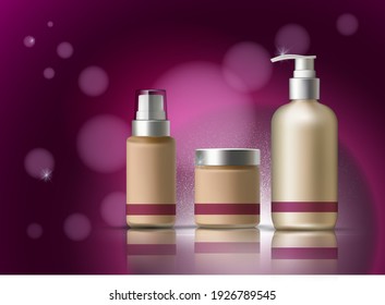 Skin cosmetics Vector realistic. BB cream. Lotion diffuser. Product packaging designs. Mesmerizing purple Background