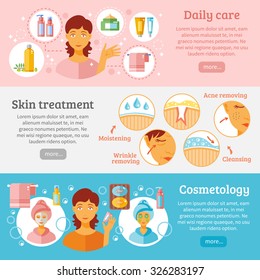Skin cosmetology horizontal banners set with daily care and treatment symbols flat isolated vector illustration 