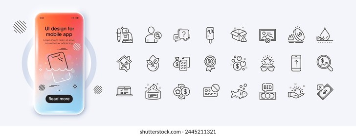 Skin cream, Web lectures and Waterproof line icons for web app. Phone mockup gradient screen. Pack of Launder money, Question mark, Fish pictogram icons. Vector