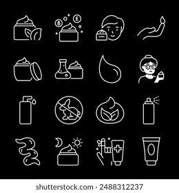 Skin cream, white line icons. Cosmetic products for comprehensive face and body skin care. Ideal for beauty routines. Symbols on black background. Editable stroke.