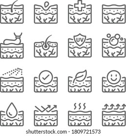 Skin Dermatology Icon Illustration Vector Set. Contains Such Icon As Clean, Moistures, Cure, Dry Skin, Rash, Epidermis, Skin Layers And More. Expanded Stroke