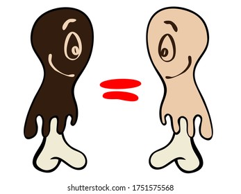 The skin of different colors is stretched over the bones. Equal sign. Equality of people regardless of skin color ,Hand drawn,Vector,Illustration,Doodle 