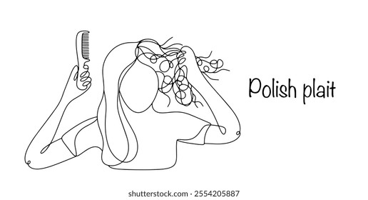 A skin disease on the scalp in which the hair sticks together into a dense lump. A woman is trying to comb her very tangled hair. Simple vector illustration for different uses. Polish plait.