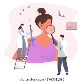Skin Disease and Pimples.Diagnostics Dermatology and Cosmetology.Skin Treatment.Girls Face with Acne Inflammation or Varicella.
Doctors with Medical Equipment Looking on Pimples.Vector Illustration