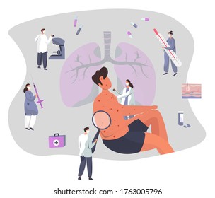 Skin Disease and Pimples.Diagnostics Dermatology.Skin Treatment.Allergy Symptoms or Chicken Pox Varicella with Itching.Doctor with Medical Equipment Looking on Pimples at Character.Vector Illustration