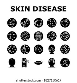 Skin Disease Symptom Collection Icons Set Vector. Skin Cancer And Acne, Vitiligo And Bruise, Eczema And Chronic Blistering, Herpes And Mycosis Concept Linear Pictograms. Contour Illustrations