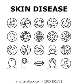 Skin Disease Symptom Collection Icons Set Vector. Skin Cancer And Acne, Vitiligo And Bruise, Eczema And Chronic Blistering, Herpes And Mycosis Black Contour Illustrations