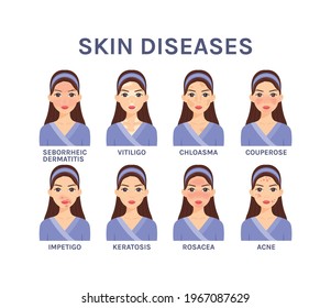 Skin Diseases. Beautiful woman with face skin problems. Flat cartoon color style. White background. Vector stock illustration.