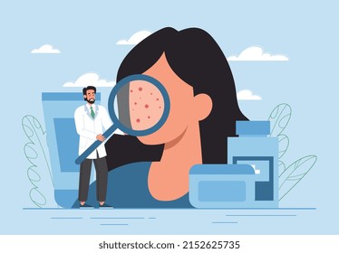 Skin diseases concept. Man with magnifying glass analyzes pimples and rashes on face of young girl. Cosmetic procedures, symptoms of diseases and diagnosis metaphor. Cartoon flat vector illustration